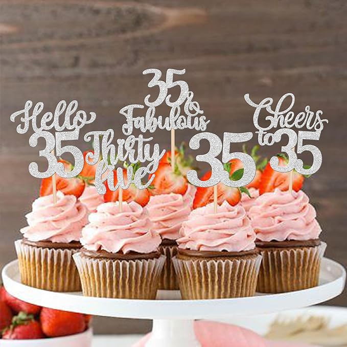 30PCS Happy 35th Birthday Cupcake Toppers Glitter Hello 35 Fabulous Thirty Five Cheers to 35 Years Old Birthday Cupcake Picks for Happy 35th Birthday Anniversary Party Cake Decor Supplies Silver