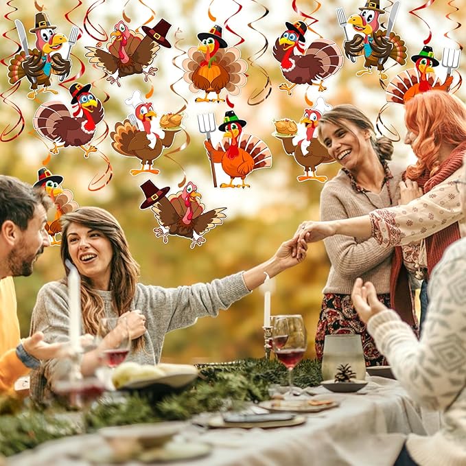 30Pcs Thanksgiving Turkey Hanging Swirls, Thanksgiving Decorations Hanging Swirl Turkey Ceiling Swirls Streamers for Classroom Friendsgiving Party Supplies