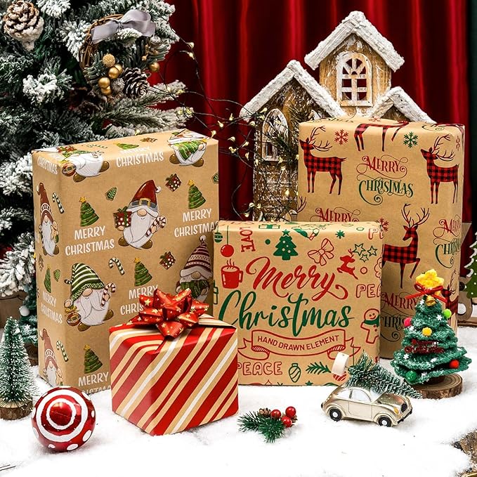 MAYPLUSS Christmas Wrapping Paper Jumbo Rolls - 30IN X 120IN - 4 Roll - Kraft Merry Christmas Reindeer Gnome Stripe for New Year Holiday Party Kids