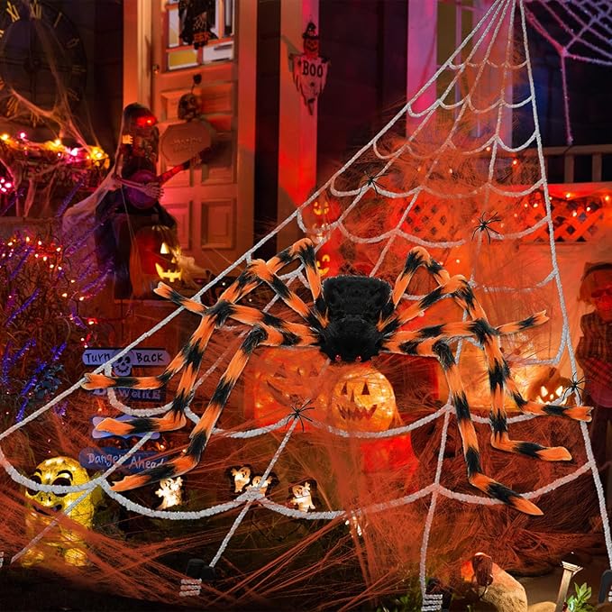 200" Halloween Spider Web + 59" Giant Spider Decorations, Triangular Huge Spiders Web and Hairy Scary Fake Spider, for Indoor Outdoor Porch Yard, Scary Haunted House Party, and Halloween Décor