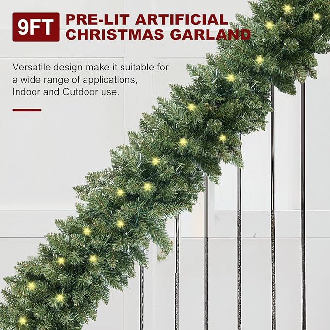 Christmas Garland with Prelit 9ft with 50 Warm White Lights, Pulg in, Green PVC Mixed PE for Indoor Holiday Door Home Decorations Stairs Fireplaces Wall
