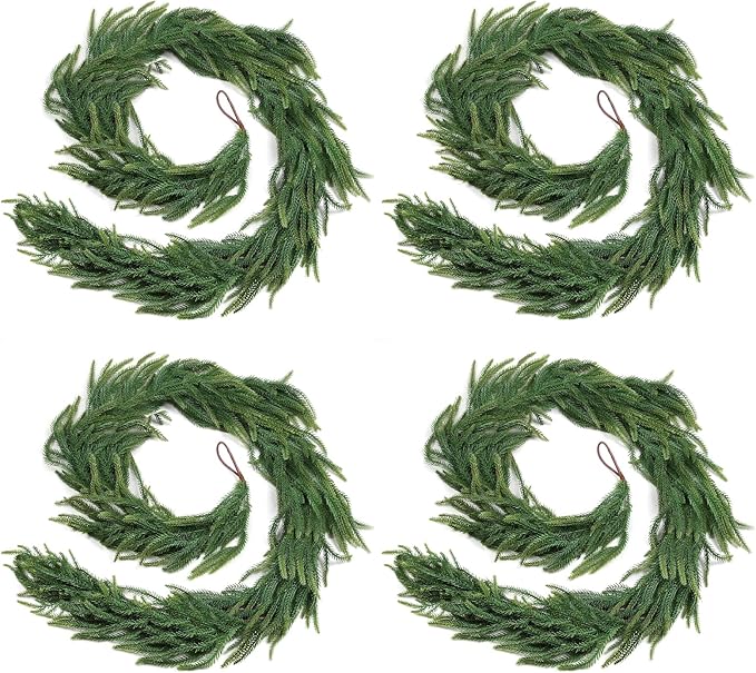 4-Pack Christmas Garlands for Decorating, 6FT Real Touch Norfolk Pine Garlands, Christmas Greenery Garland for Staircase, Fireplace, Wall, Porch, Home Holiday Outdoor Indoor Xmas Decor