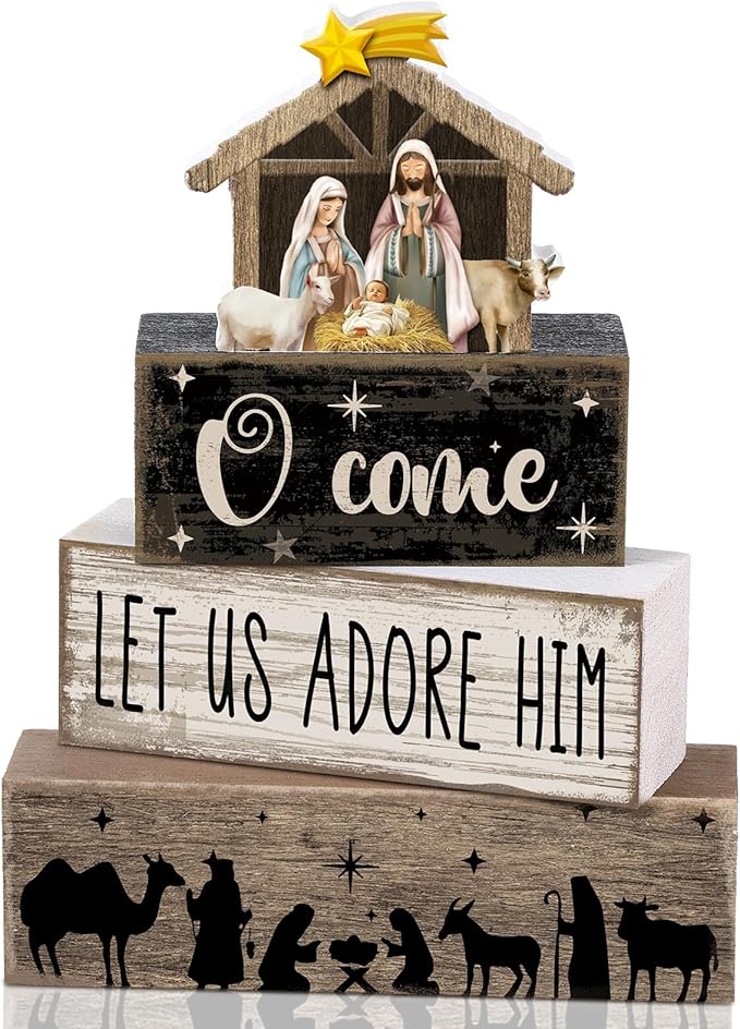 4 Pcs Christmas Table Decor Wooden Christian Religious Decoration Nativity Scene Centerpiece Nativity of Jesus Tiered Tray Decor Farmhouse Xmas Decoration for Kitchen