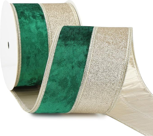 Dark Green Velvet Wired Christmas Ribbon 4 Inch Extra Wide Thick Green and Gold Glitter Holiday Ribbon – 10-Yards Roll for Tree Decorations, Gift Wrapping, Wreaths, and DIY Crafts
