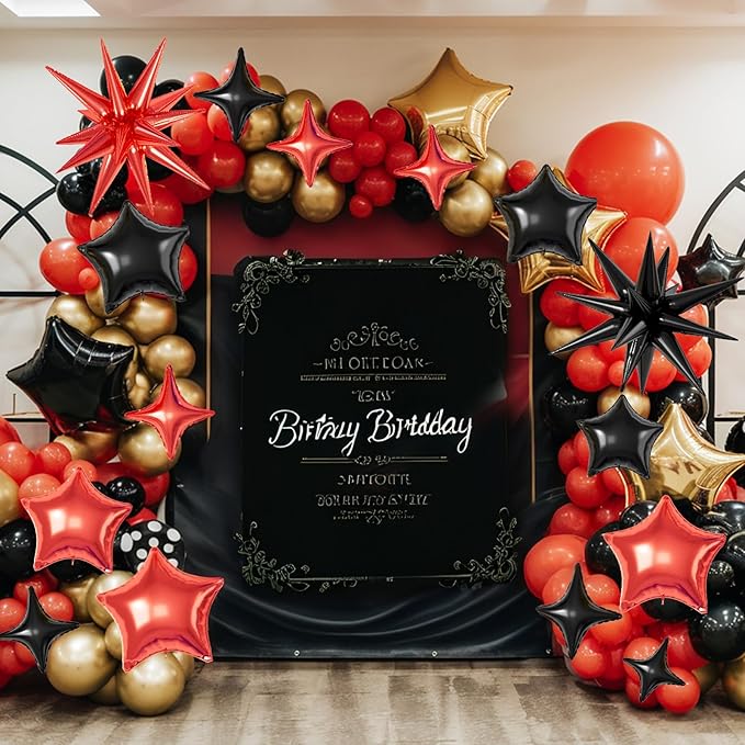 16 Pcs Red Black Star Balloons, 22/18/10 Inch Foil Balloons, Explosion Conee Four-Pointed Balloon for Kids Birthday Graduation Prom Wedding Baby Shower Casino Party Decorations