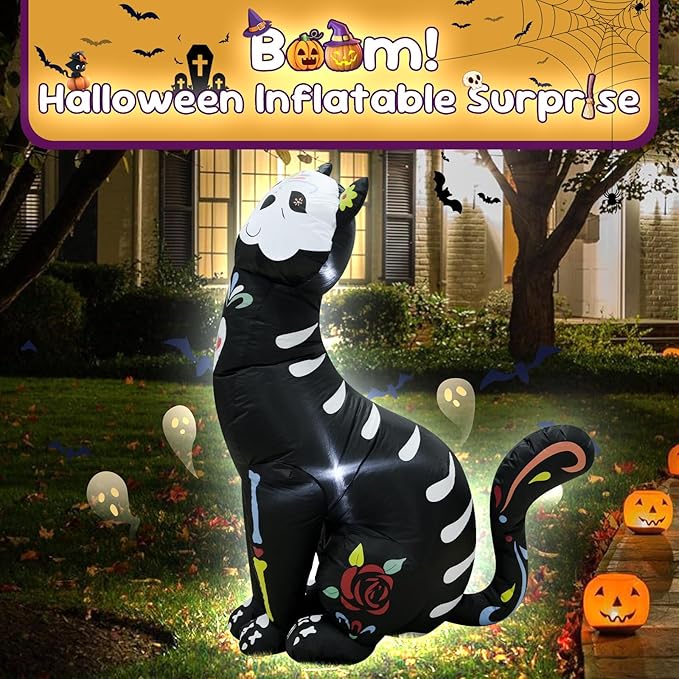 4FT Halloween Skeleton Cat Inflatable Decoration Spooky Blow Up Yard Decor with LED Lights Party Indoor Outdoor Holiday Yard Graden Decoration