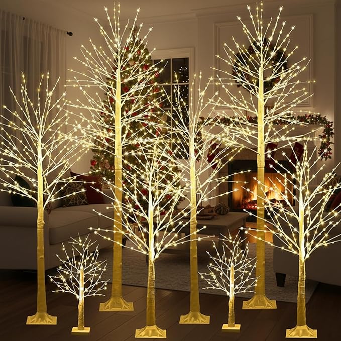 Baquler 8 Pack Lighted Birch Tree - Large Christmas Warm-White LED 8 Mode Light Birch Tree Decoration Set for Thanksgiving Holiday Fall Winter Party Decor, Indoor & Outdoor (2 4 6 8 ft)