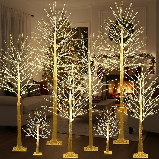Baquler 8 Pack Lighted Birch Tree - Large Christmas Warm-White LED 8 Mode Light Birch Tree Decoration Set for Thanksgiving Holiday Fall Winter Party Decor, Indoor & Outdoor (2 4 6 8 ft)