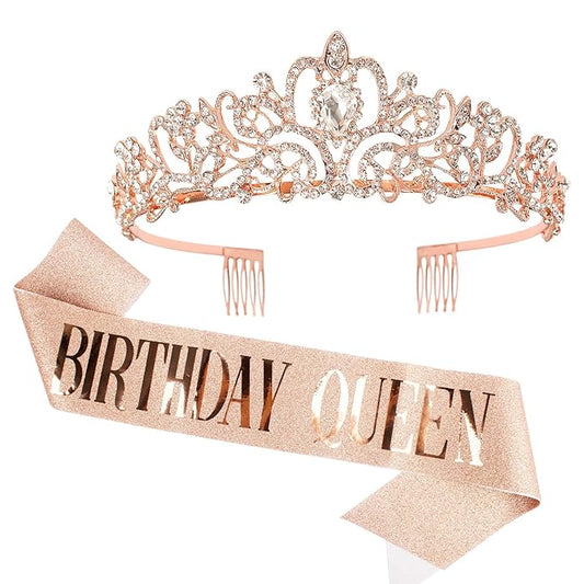 AOPRIE Birthday Crown and Queen Sash - Rose Gold Tiara for Women, Princess Crown With Rhinestone - Happy Birthday Accessories Party Favor