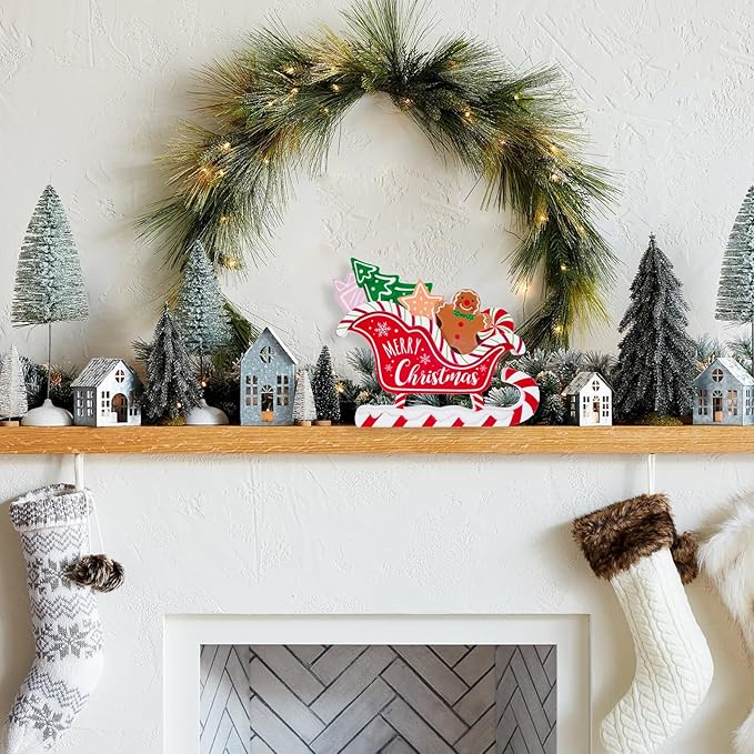 Christmas Decorations for Home Farmhouse Gingerbread Sleigh Decor Indoor Wooden Merry Christmas Sign Rustic Winter Vintage Holiday Block Tabletop for Kitchen Xmas Party Mantel Tiered Tray Gift