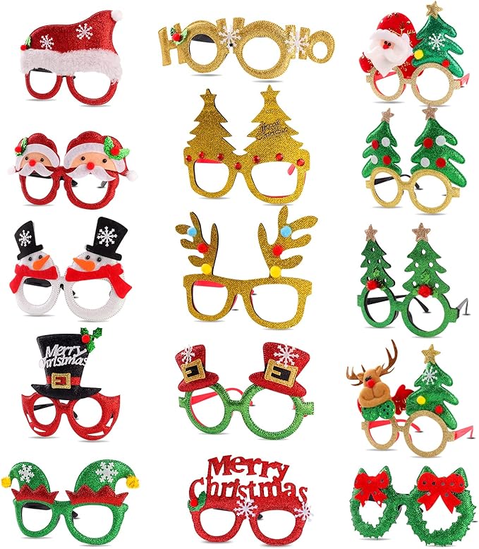 15 Pcs Christmas Glasses Frame Glitter, Costume Eyeglasses Frames Photo Booth Supplies, Xmas Photo Props Eyewears Party Favors Supplies for CHristmas Dinner Picnics Holidays
