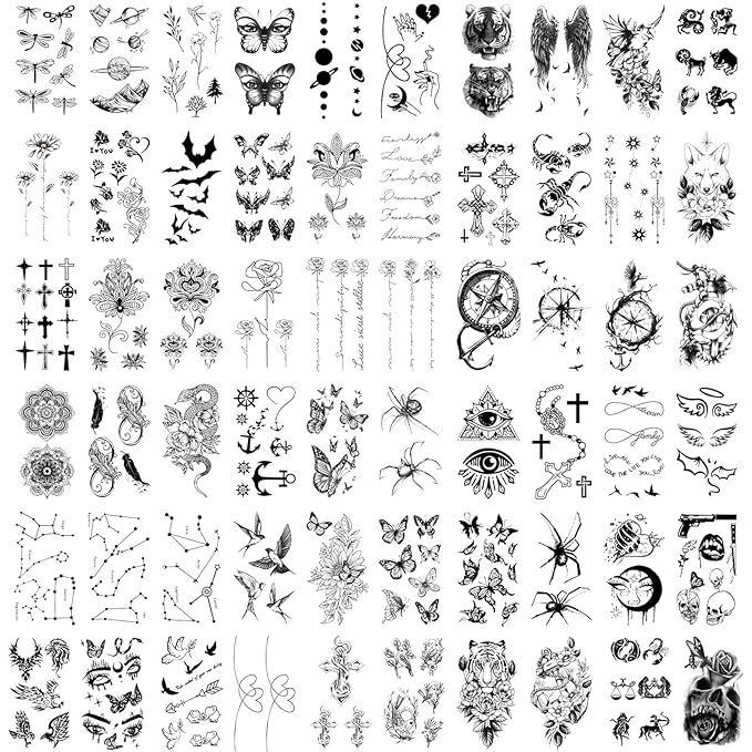 Yazhiji 77sheets Waterproof Temporary Tattoo for Girls or Boys Kids 17sheets Larger Half Arm Lion Wolf Owl Elk Snake Butterfly Rose Fake Tattoos for Men or Women And 60 sheets Tiny Tattoo Sticker