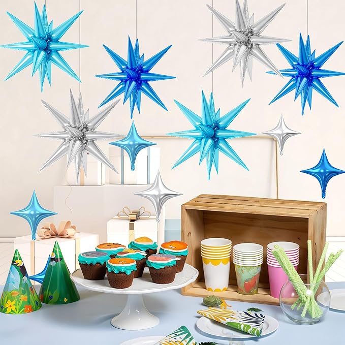 18 Pcs Blue Silver Star Balloons, Silver and Blue Balloon with 6 Pcs 22-Inch Explosion Star Balloons 12Pcs 10-Inch Four Pointed Stars Foil Balloon for Boys Baby Shower Birthday Party Decoration