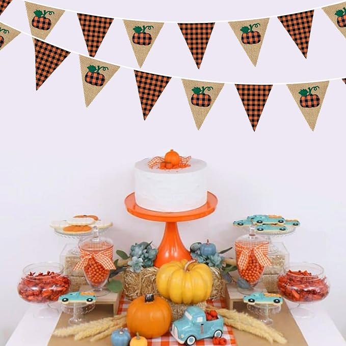 24Ft Burlap Banner - Fall Pumpkin Plaid Pennant Triangle Flag Garland Streamers - Fireplace Decor for Thanksgiving Day, Rustic Autumn Birthday Parties