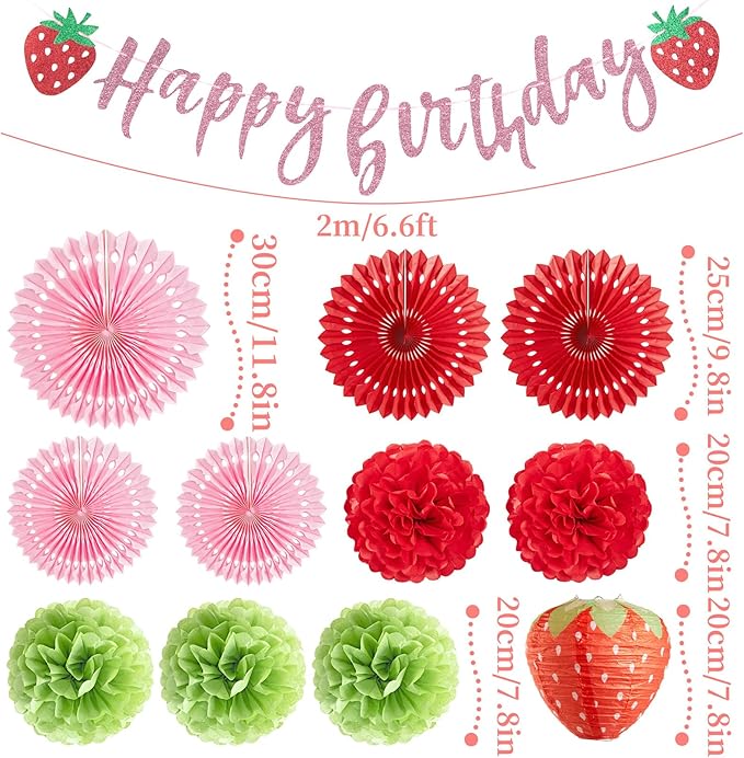 Strawberry Birthday Decorations, Strawberry First Birthday Decor with Strawberry Lantern, Red Pink White Paper Fans Hanging Decorations, Strawberry Baby Shower Decorations