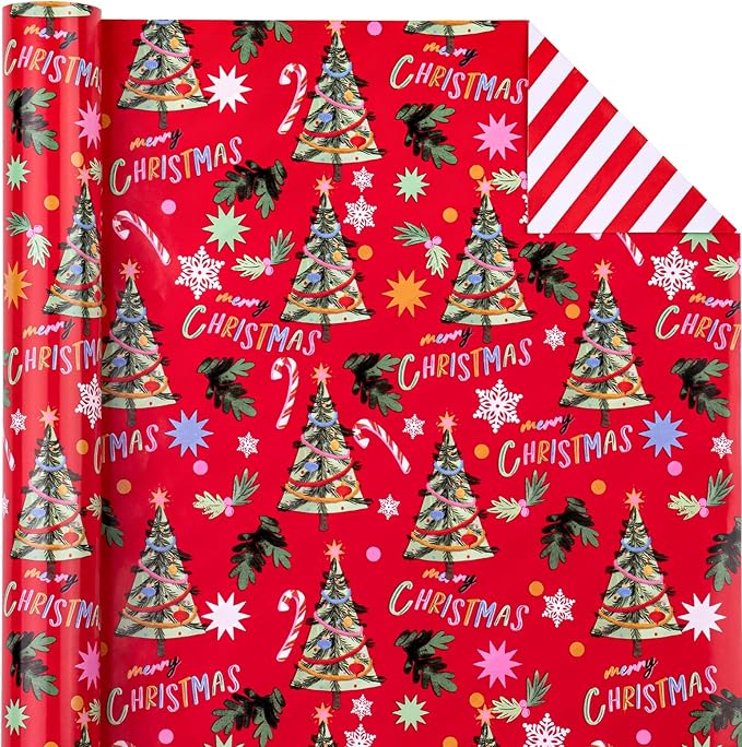 WRAPAHOLIC Reversible Christmas Wrapping Paper - Mini Roll - 17 Inch x 33 Feet - Red Christmas Tree Wrapping Paper and Stripe Design for Holiday, Party Celebration
