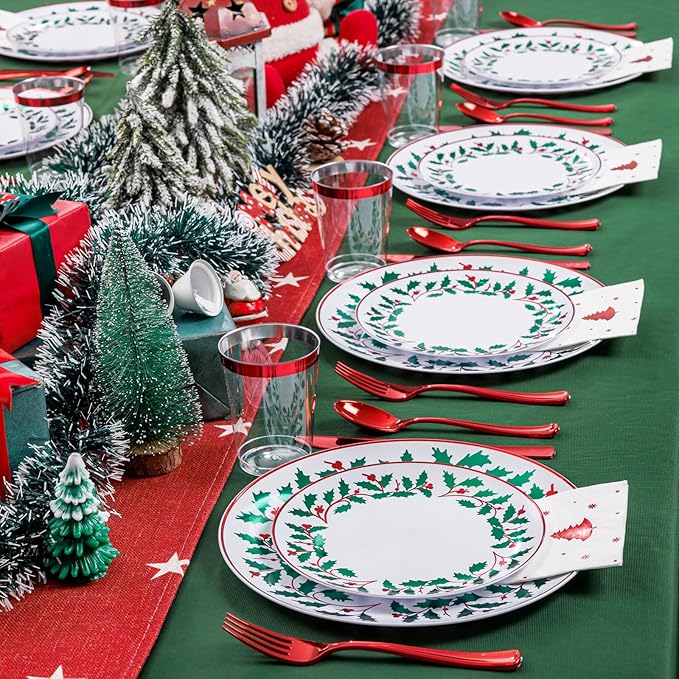WDF 175Pcs Disposable Christmas Plates & Napkins - 25 Dinner & Dessert Plates, 25 Utensils, 25 Cups, 25 Christmas Napkins