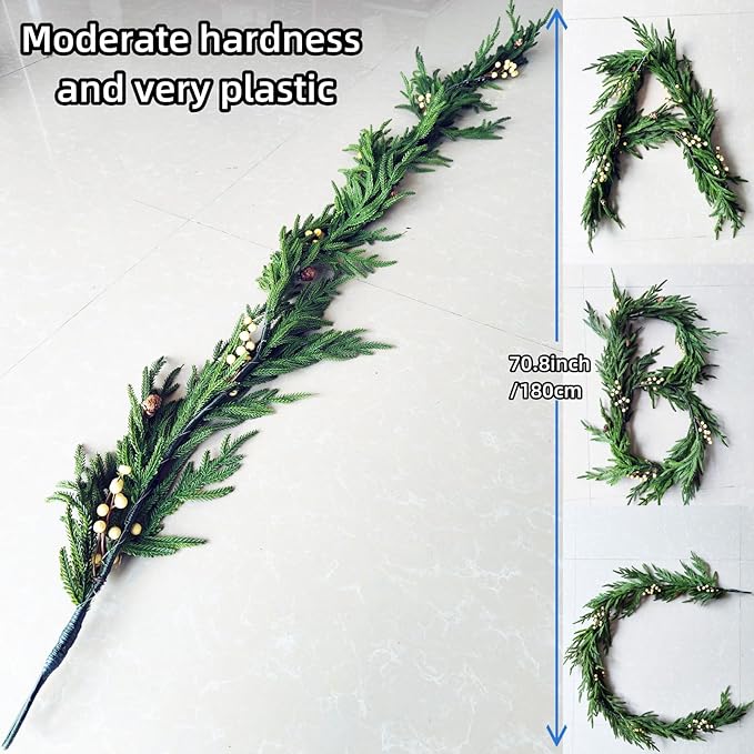 Velasko 6 FT Norfolk Pine Garland, Christmas Green Artificial Real Touch Cedar Garland, Faux Cedar with Lights, for Table, Wall, Fireplace Indoor Outdoor Decor