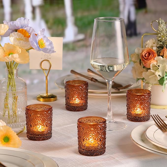 Amber Votive Candle Holder Set of 36, Flower Tea Lights Candles Holders for Wedding Table Centerpieces, Birthday Parties, Anniversary, Bridal Shower and Holiday Decorations