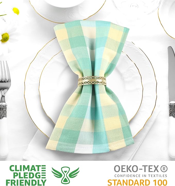 Urban Villa Cotton Dinner Napkins Set of 12 Highly Absorbent Soft Premium Cloth Napkins 20x20 Inches Hotel Quality Reusable & Washable Table Dinner Napkins for Home (Green Sand Buffalo Checks)