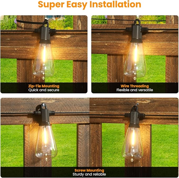 Kawaya Outdoor String Lights for Patio - ST38 Outside IP64 Waterproof Hanging Light with 2700k~6000k Dimmable - 50FT Led Edison Lights for Cafe Bistro Yard Gazebo Porch