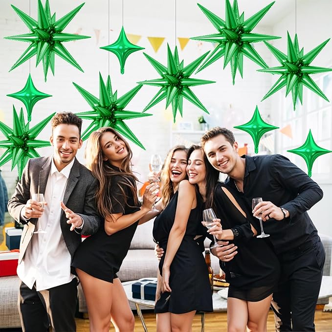 18 Pcs Green Star Balloons, Green Balloon with 6 Pcs 22-Inch Explosion Star Balloons 12Pcs 10-Inch Four Pointed Stars Foil Balloon for Jungle Safari Theme Football Birthday Party Decorations