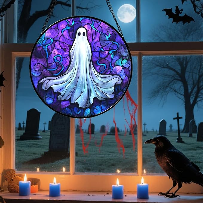 Stained Glass Window Hanging - Halloween Decoration Fantasy Ghost Suncatcher for Door Garden Spooky Blue Purple Sun Catchers Gothic Decor Horror Gifts for Women Men Friend Boy Girl 9.8 in