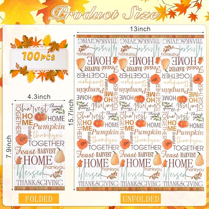 100pcs Fall Paper Napkins,Disposable Thanksgiving Guest Napkins Pumpkin Paper Hand Towels for Autumn Harvest Thanks Theme Party Table Home Kitchen Bathroom Decorations,7.9 * 4.3inch