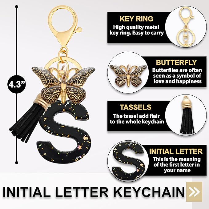 Initial Letter Keychain, Butterfly Keychain Cute Resin, Initial Keychain Backpack Charms, Key chain for Women, Girls