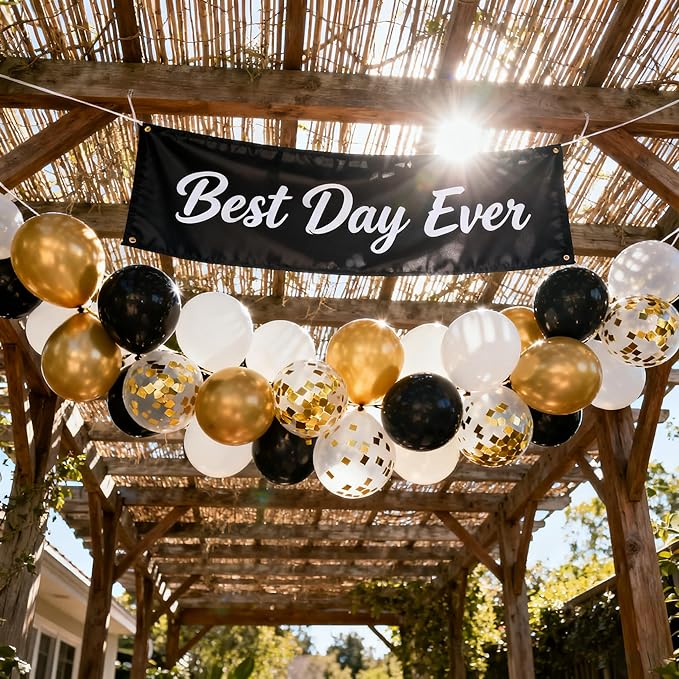 Black White Gold Confetti Balloons Garland Kit, 66Pcs 12 Inch Latex Party Balloons with Metallic Ribbons for Elegant Birthday Wedding Baby Shower Graduation Arch Decorations