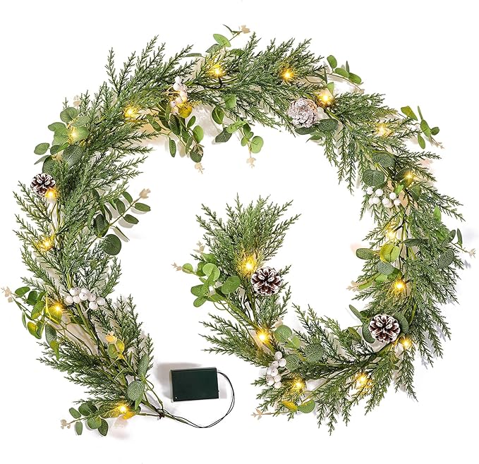 6FT Christmas Garlands with 20 LED Lights,Prelit Articial Spruce Garland with Eucalyptus Berry Pinecone,Battery Operated for Stair Winter Indoor Home Decor