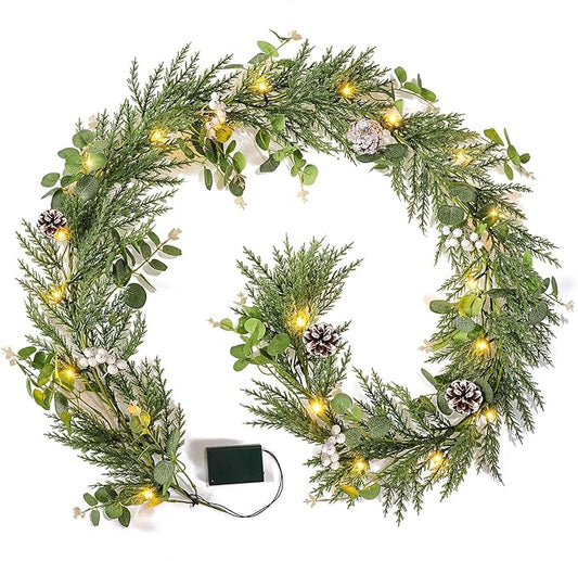 6FT Christmas Garlands with 20 LED Lights,Prelit Articial Spruce Garland with Eucalyptus Berry Pinecone,Battery Operated for Stair Winter Indoor Home Decor