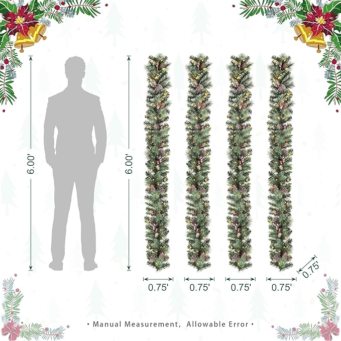 Glitzhome Set of 4 Prelit Christmas Garlands, 6FT Glittered Pinecones and Berries Green Pine Christmas Garlands with 50 Warm White Lights and Timer for Holiday Party Hanging Christmas Decorations