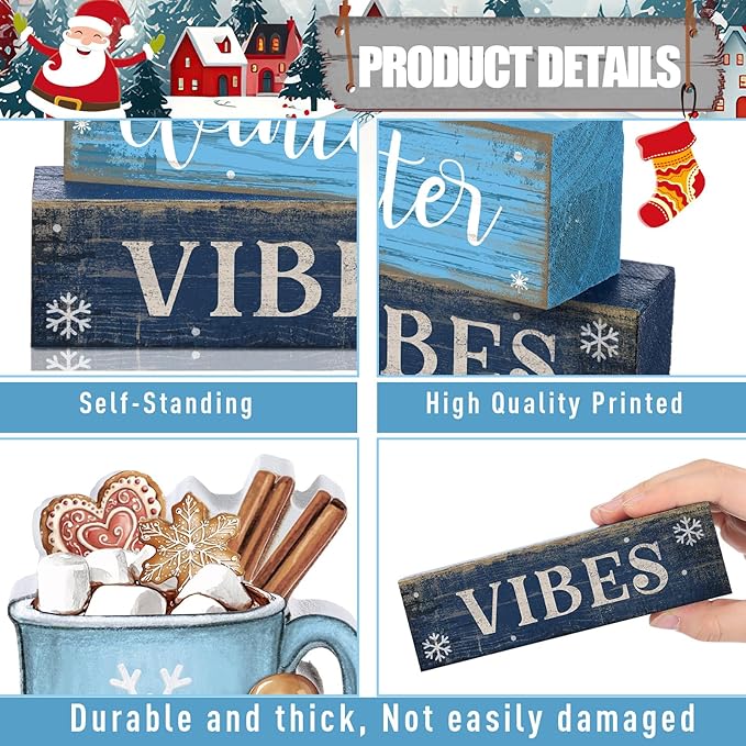 4 Pcs Christmas Table Decoration Wooden Hot Cocoa Decor Winter Tiered Tray Decor Christmas Centerpiece Rustic Decorative Hot Cocoa Block Sign Farmhouse Winter Decoration for Home Kitchen