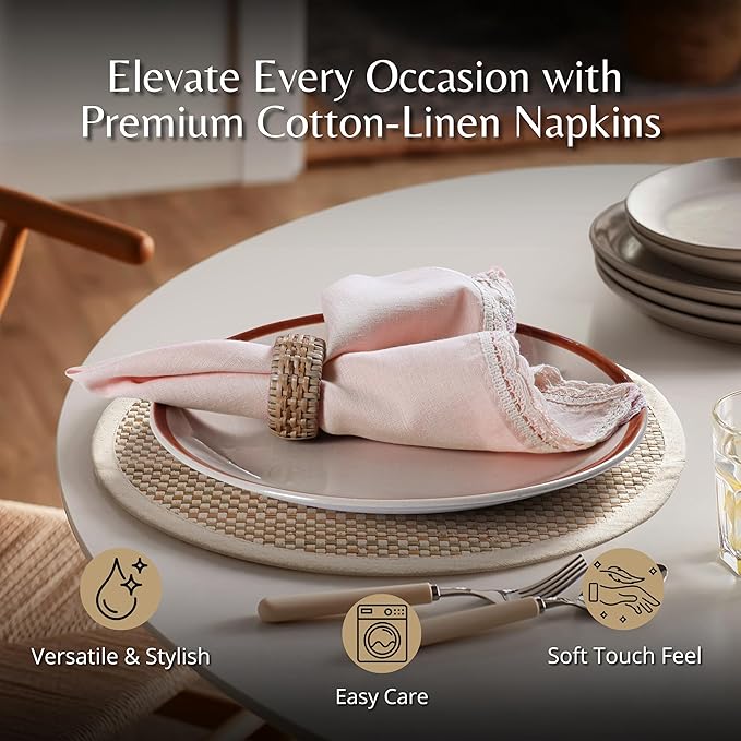 Ramanta Home Linen Flax Cloth Napkins Set of 4 |18x18 Inch | Premium Cotton Linen Flax Lace Soft & Durable | Washable Ideal for Everyday Use Parties Thanksgiving Christmas Halloween Pink