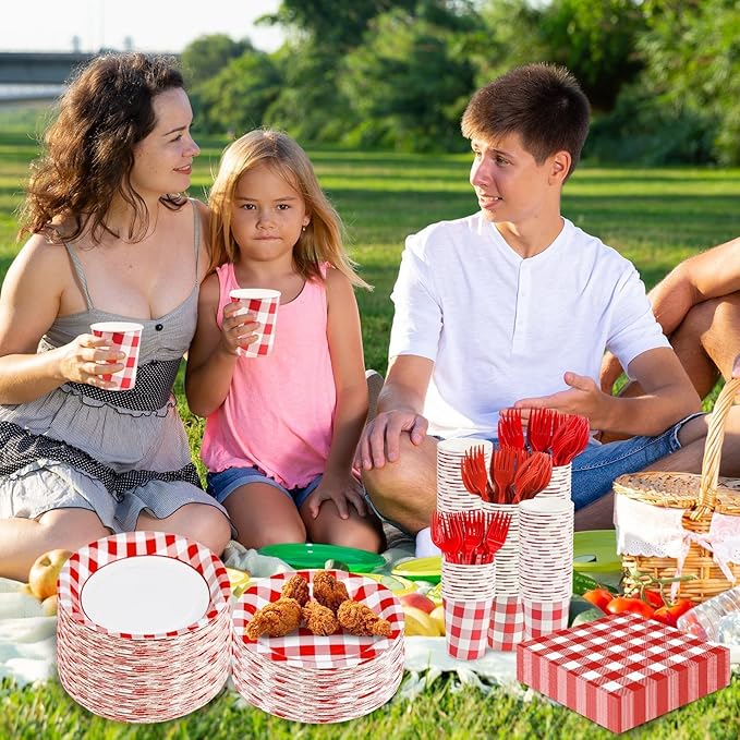Red Gingham Plates and Napkins Party Supplies, Red and White Disposable Tableware Set, Checkered Plaid Paper Plates for Birthday Family Dinner Picnic Christmas Party Baby Shower Decor Serves 25