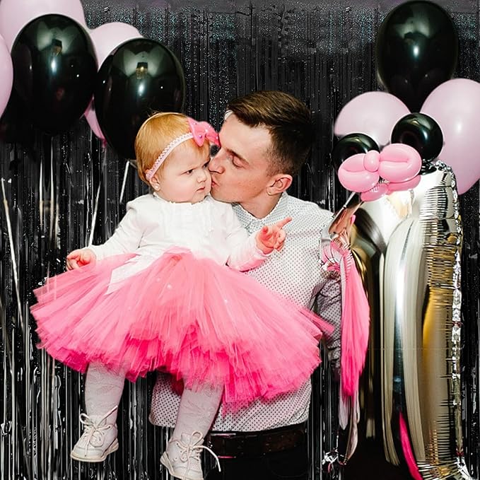 Tinsel Curtain Backdrop Black Birthday Party Decorations 2 Packs Glitter Foil Fringe Curtain Party Decor Streamers Photo Booth for Birthday Christmas Wedding Halloween Graduation Decorations
