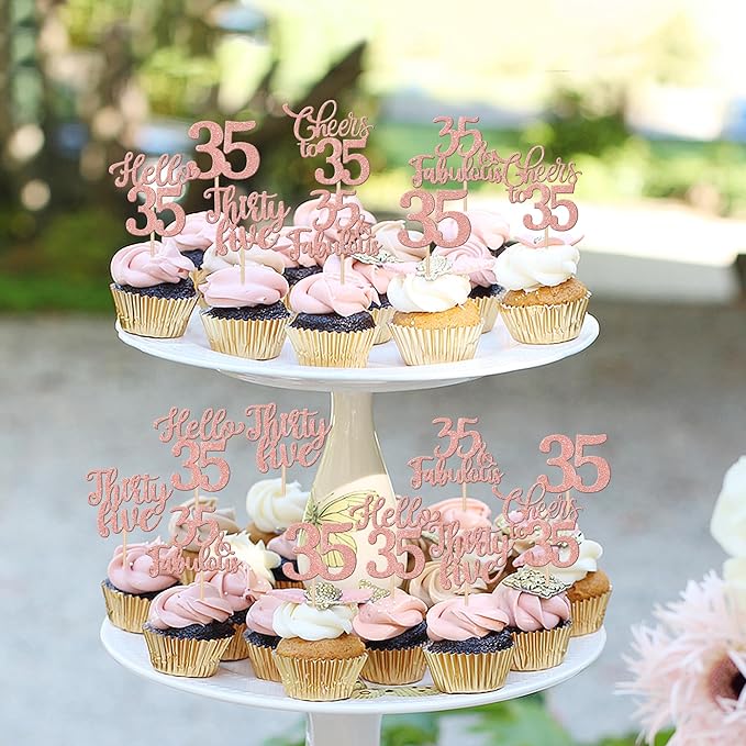 30PCS Happy 35th Birthday Cupcake Toppers Glitter Hello 35 Fabulous Thirty Five Cheers to 35 Years Old Birthday Cupcake Picks for Happy 35th Birthday Anniversary Party Cake Decor Supplies Rose Gold