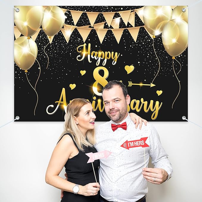 HAMIGAR 6x4ft Happy 8th Anniversary Banner Backdrop - 8 Wedding Anniversary Decorations Party Supplies - Black Gold