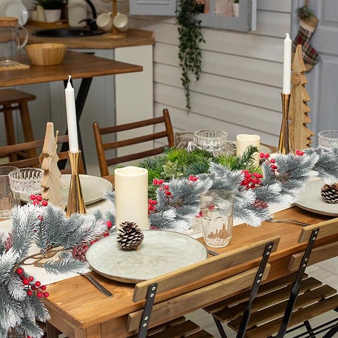RECUTMS Evergreen Pine Needle Vine Red Berry Christmas Fireplace Decor Winter Berry Garland Pinecones for Crafts Christmas Picks Faux Garland Ideal for Living Room and Corridor Seasonal Decor(White)