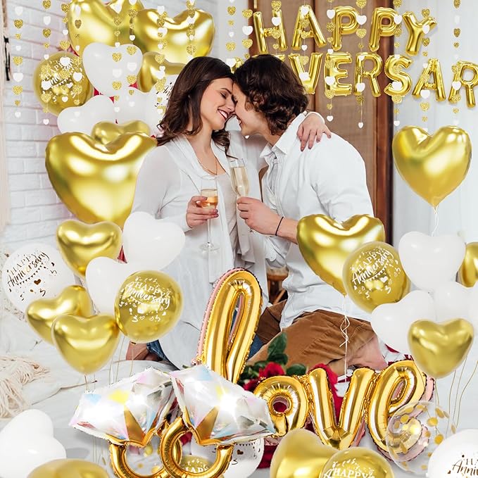 Gold and White Anniversary Decorations Valentines Day Decorations,Gold and White Valentines Day Balloons with Happy Anniversary Banner Heart Balloons Heart Rose Petals for Valentines Decorations