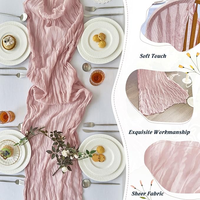 IVAPUPU 10 Pcs Cheesecloth Table Runner - 10ft Dusty Pink Boho Gauze Cheese Cloth Table Runners for Baby Shower Decoration Wedding Party Summer Garden Farmhouse