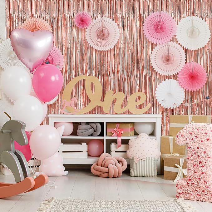 Crosize 3 Pack Rose Gold Foil Fringe Backdrop Curtains, 3.3 x 9.9 ft, Party Decorations