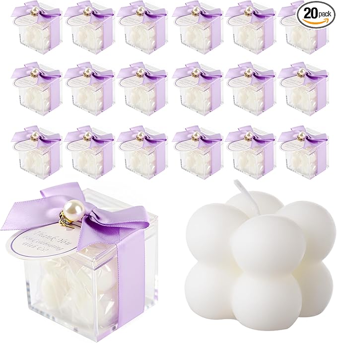 20 Pcs Small Bubble Candles Elegant Party Favors Bulk Set with Decorative Ribbons Thank You Cards for Bridal Shower Guest Gifts (20, Purple)