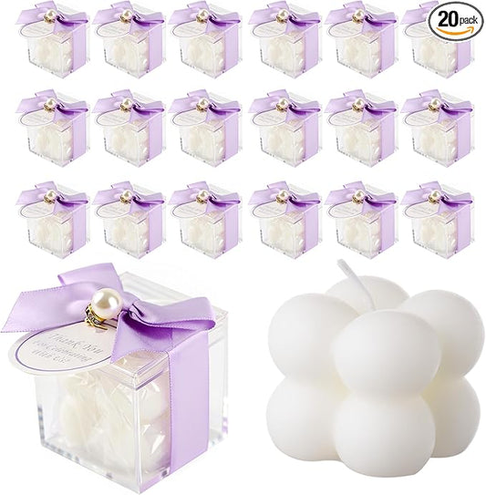 20 Pcs Small Bubble Candles Elegant Party Favors Bulk Set with Decorative Ribbons Thank You Cards for Bridal Shower Guest Gifts (20, Purple)