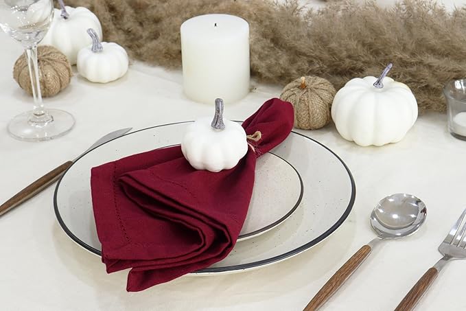 PurpleEssences Set of 12 Hemstitch Cloth Dinner Napkins 100% Cotton - Soft Durable Washable - Ideal for Wedding Christmas Holiday Winter - Perfect Everyday Use Table Linen 18x18 - Burgundy