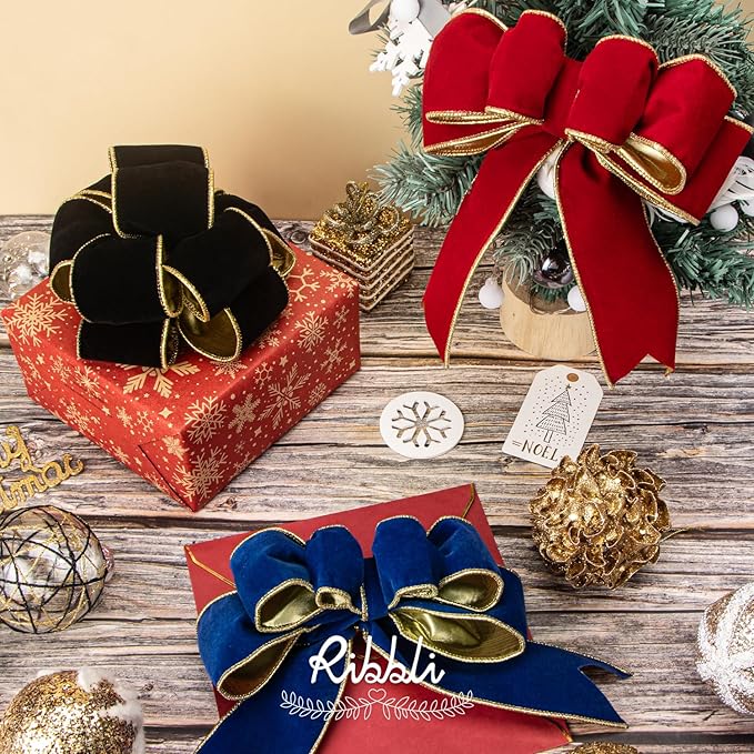 Ribbli Royal Blue Velvet Wired Ribbon 2.5 Inch Luxury Matte Velvet Christmas Ribbon for Gift Wrapping Christmas Tree Decoration Crafts Wreaths Supplies - 10 Yards