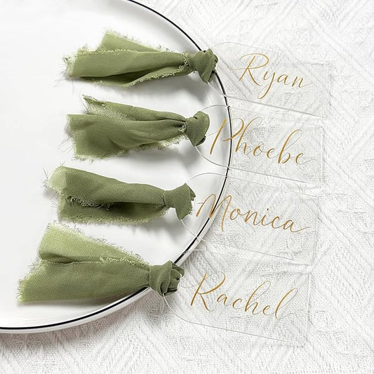 10Pcs Acrylic Place Card for Wedding Clear Transparent Acrylic DIY Table Seating Cards Wedding Supplies with Green Ribbon