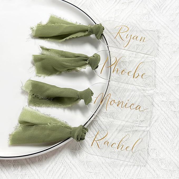 30Pcs Acrylic Place Card for Wedding Clear Transparent Acrylic DIY Table Seating Cards Wedding Supplies with Green Ribbon