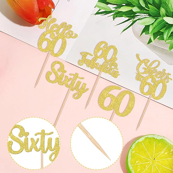 30PCS Happy 60th Birthday Cupcake Toppers Glitter Hello 60 Fabulous Sixty Cheers to 60 Years Old Birthday Cupcake Picks for Happy 60th Birthday Anniversary Party Cake Decorations Supplies Gold